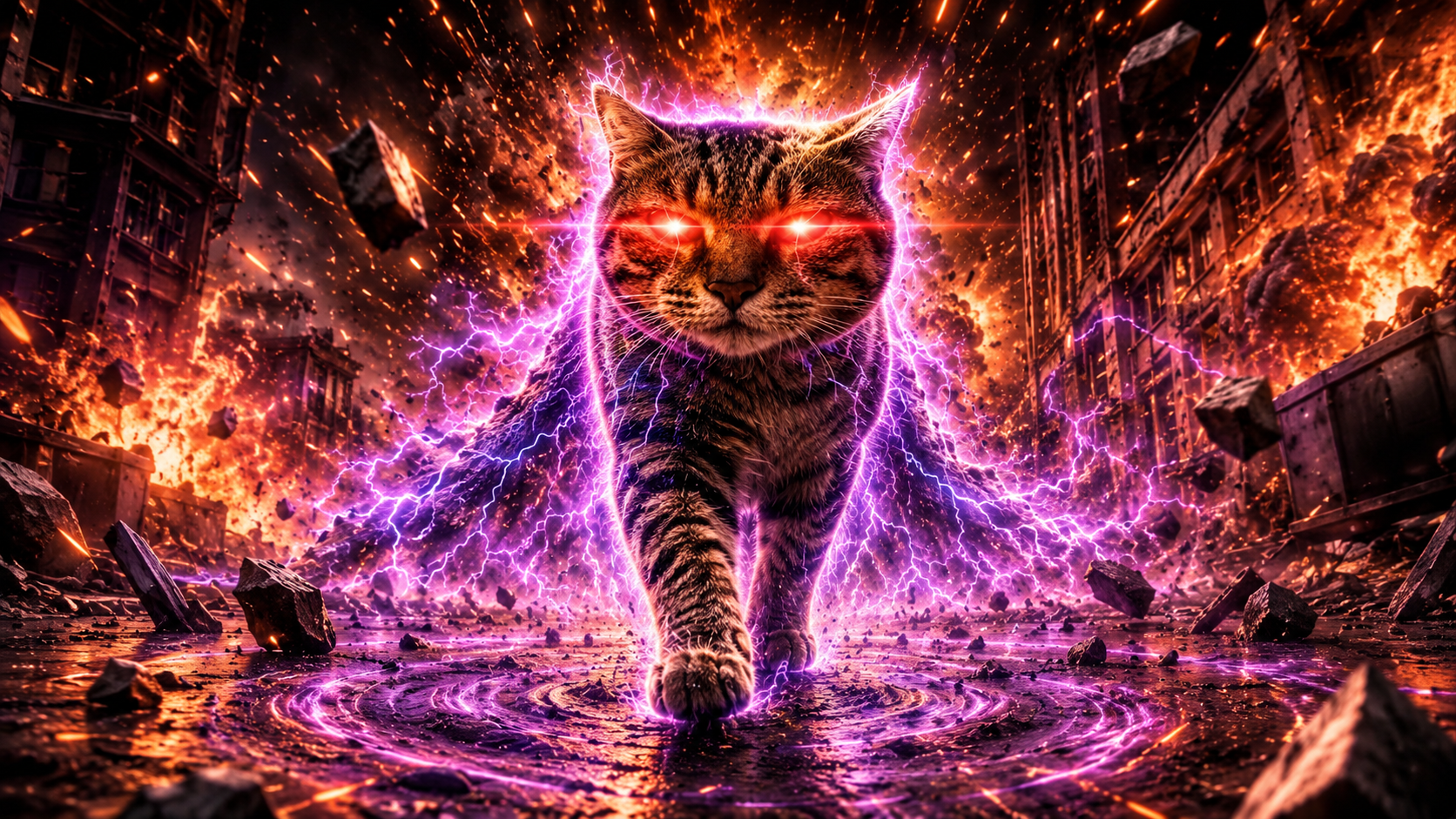 Aura Cat walking through the blast